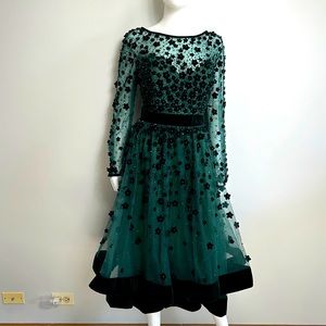 Mac Duggal Green Long Sleeve Dress with Black Floral Accents